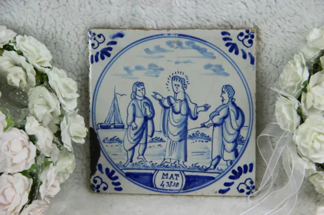 Antique 18thc DELFT pottery tile ceramic Bible religious scene