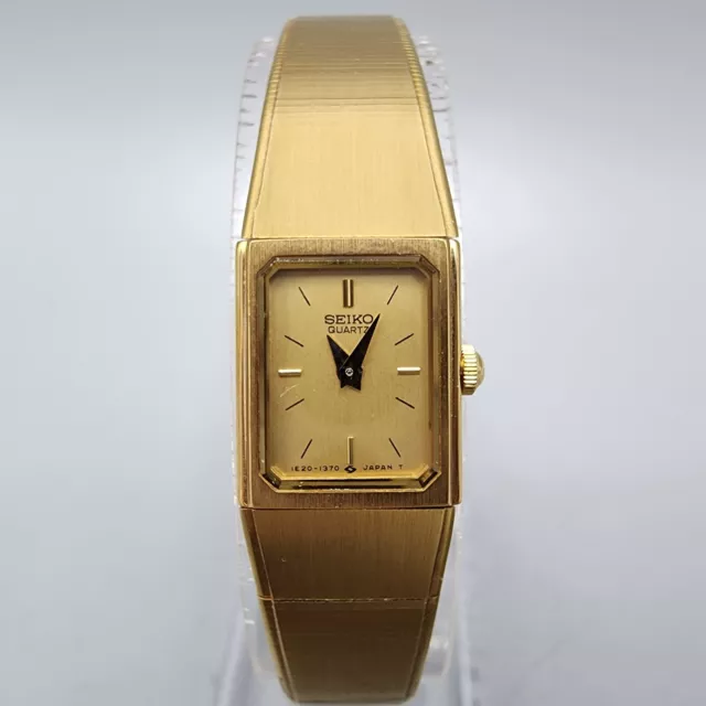 VTG Seiko Tank Watch Women 13mm Gold Tone Gold Dial Rectangle 1E20-5779 New Batt