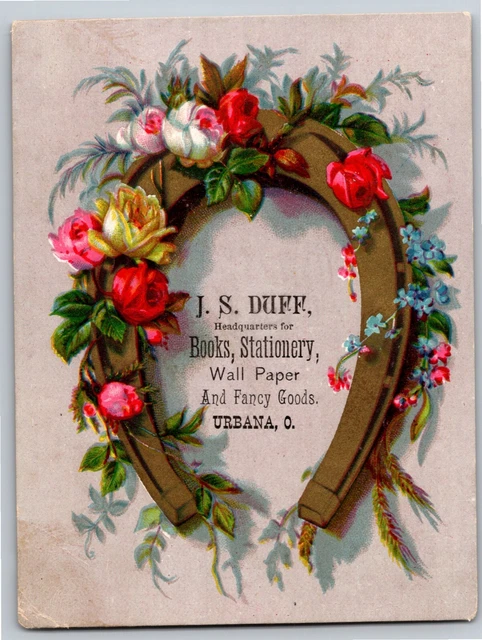 J.S. Duff Books Stationary Urbana, OH Victorian Trade Card Horseshoe - Gilt