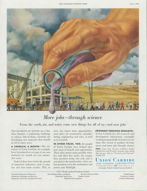 1954 Union Carbide More Jobs Through Science Test Tube Chemicals Print Ad SP11