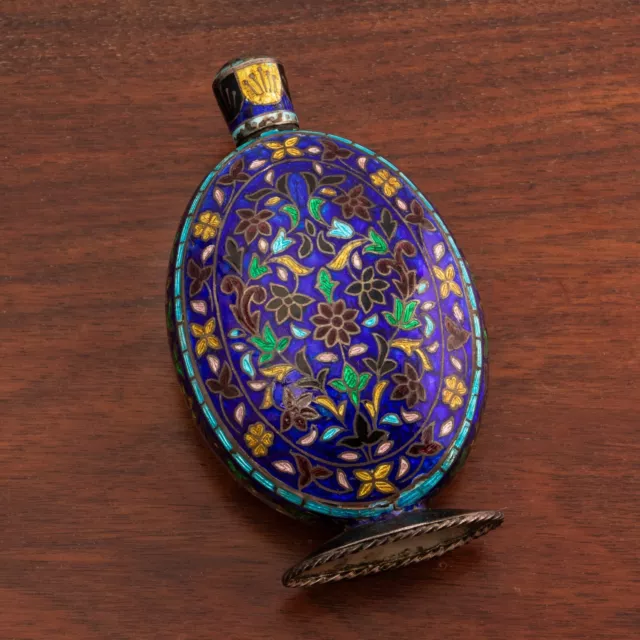 Large Indian Silver & Colorful Enamel Perfume Bottle Floral & Vine No Monogram