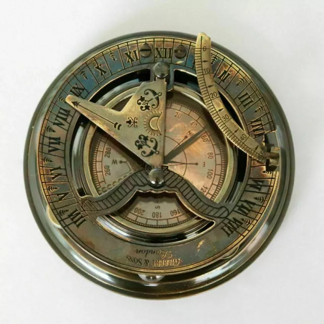 4-1/2 Antiqued Brass Sundial Compass with Wooden Box- Antique Vintage  Style - Schooner Bay Company