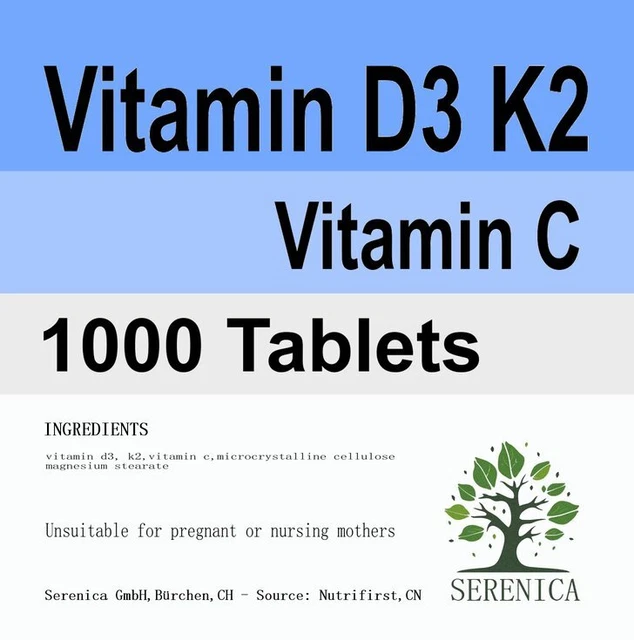 Vitamin D3 K2 1000 IU Vitamin C Healthy Bones Teeth x 1000 Tablets