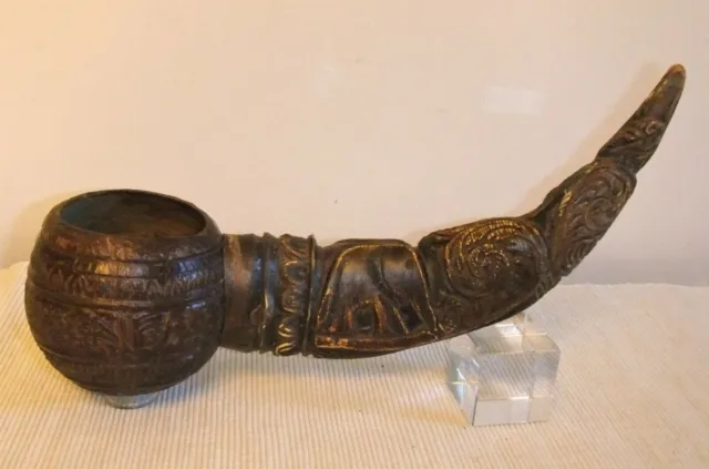 Old Vessel With Carved Horn Handle From India S. Xix