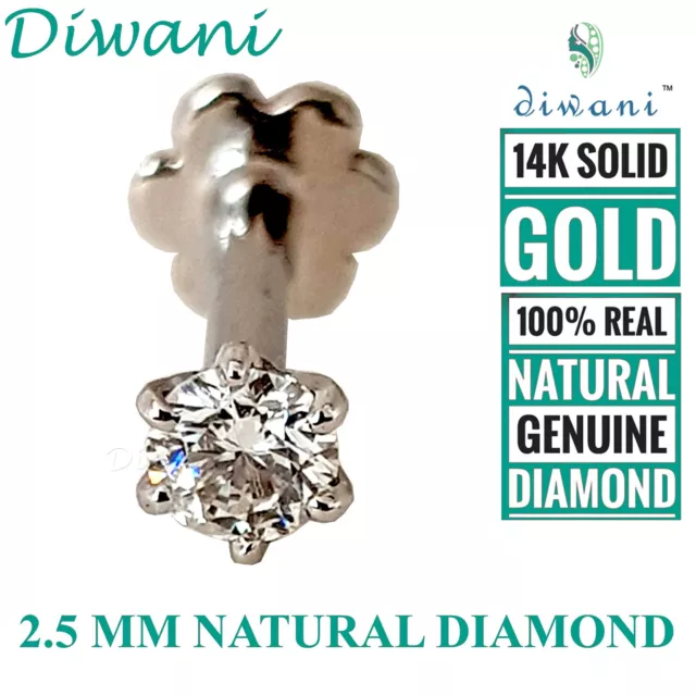 2.5mm Natural Diamond Nose Lip Labret Body Piercing Stud Ring Pin Screw 14k Gold