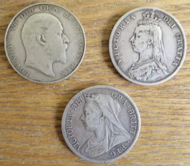 Half Crown, Queen Victoria & Edward V11  Solid Silver 1888, 1896, 1906 Coins