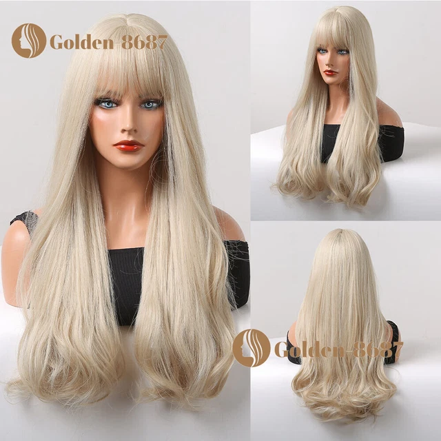 Pelucas de cabello rubio platino platino de onda larga de EE. UU. para mujer con golpes con cosplay uso diario