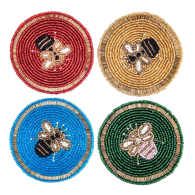 [SET OF 4] Bee Beaded Coasters - Handmade Coaster Set (Green, Blue, Red, Gold)