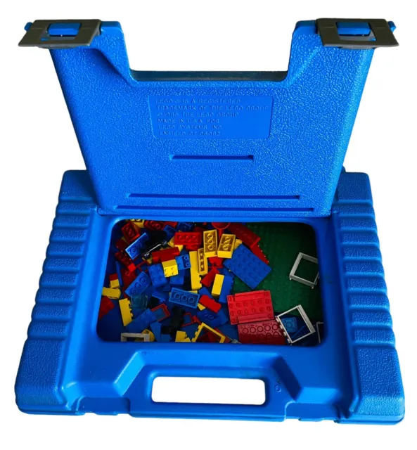 1985 Lego Storage Case W/ Legos Blue Travel Container Carry Box Plastic Vintage