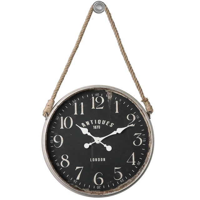Luxe Vintage Style Hanging Black Wall Clock | Round Rope Cottage Antique Look