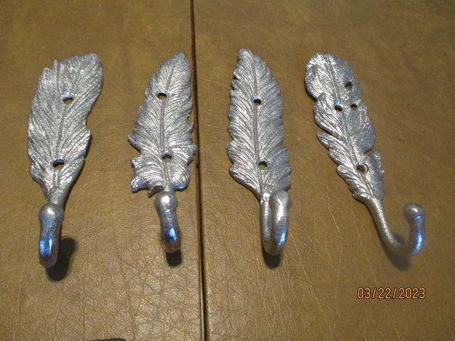 SET OF 4 SILVER Metal Feather Coat Hat Hanger Wall Hanging Key Hook 6" EACH