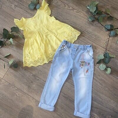 NEXT girls summer yellow broderie top and embroidered jeans outfit set age 3-4