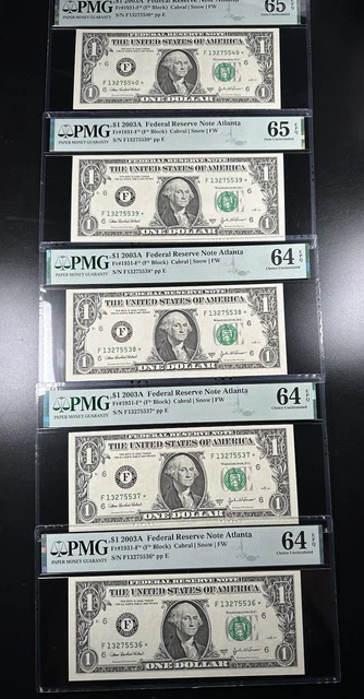 Lot of 5 Consecutive Star Federal Reserve Notes PMG 65 and 64 EPQ fr 1931-F* ATL