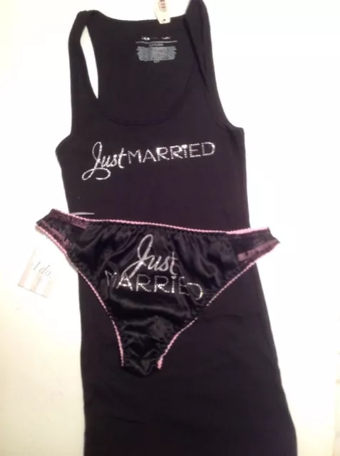 Victorias Secret Bridal Black Tank Top w/ Panty "Just Married" Bling Small Set