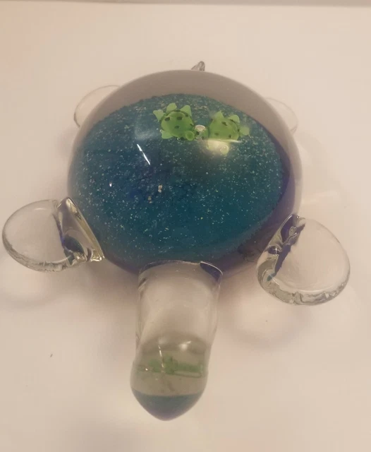 Hand Blown Art Glass Sea Turtle with babies on back Multi Color  Paperweight
