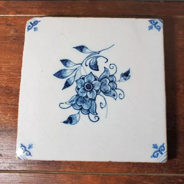 Antique Dutch Hand Painted White/Blue Delft Wall Tile 5.25"
