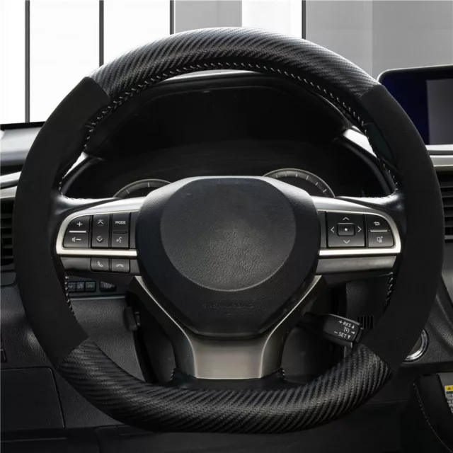 Universal 38cm 15'' Car Steering Wheel Cover Suede Leather Carbon Black D-Shaped