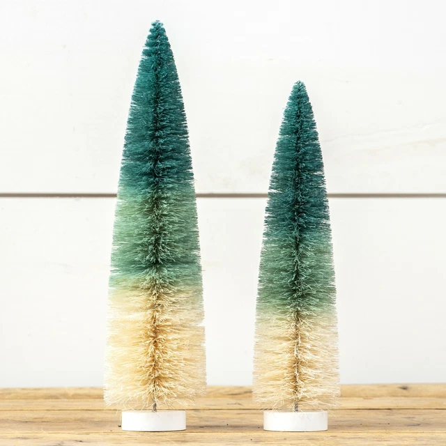 Ragon Set/2 12-14" Ivory Blue Ombre Bottlebrush Tree Retro Vntg Christmas Decor