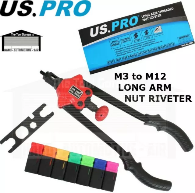 US PRO Tools Long Arm Threaded Nut Riveter M3, M4, M5, M6, M8, M10, M12,  5434