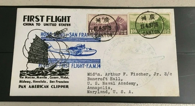 China  27.4.1937 First Flight Canton to USA  Pan American clipper First Flight