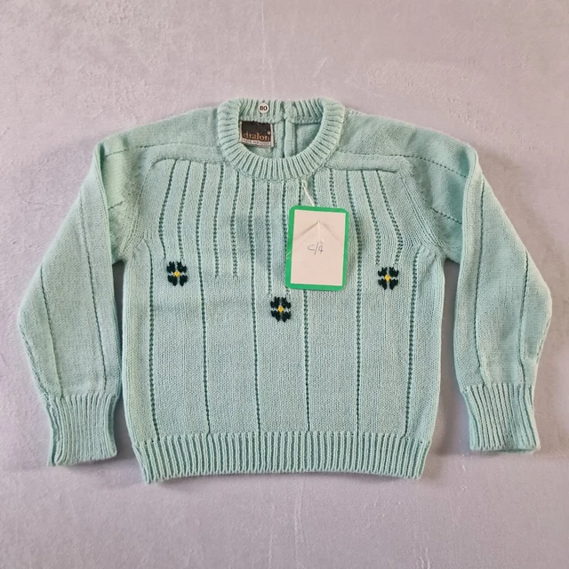 Vintage 1970s Jumper -6-12 Mths- Aqua Dralon Acrylic Deadstock NOS  KA51