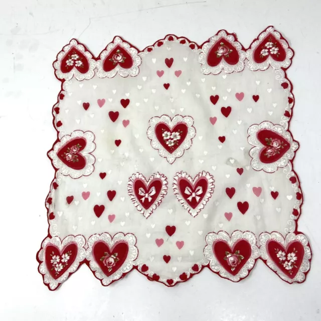 Vintage Valentines White Red Pink Hearts Scalloped Handkerchief Hanky