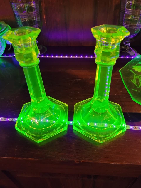 Pair Vintage Vaseline Uranium Glass 6 1/2" Tall Candlestick Holders
