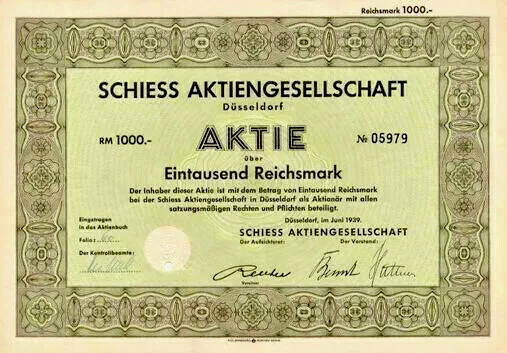 Lot 10 x SCHIESS AG Düsseldorf histor. Aktie 1939 Werkzeugmaschinen REUTER Demag