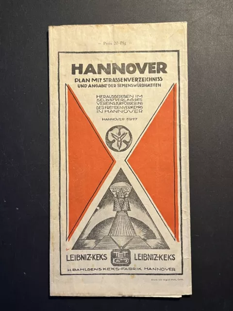 Alter antiker Stadtplan HANNOVER mit Strassenverzeichnis von 1917