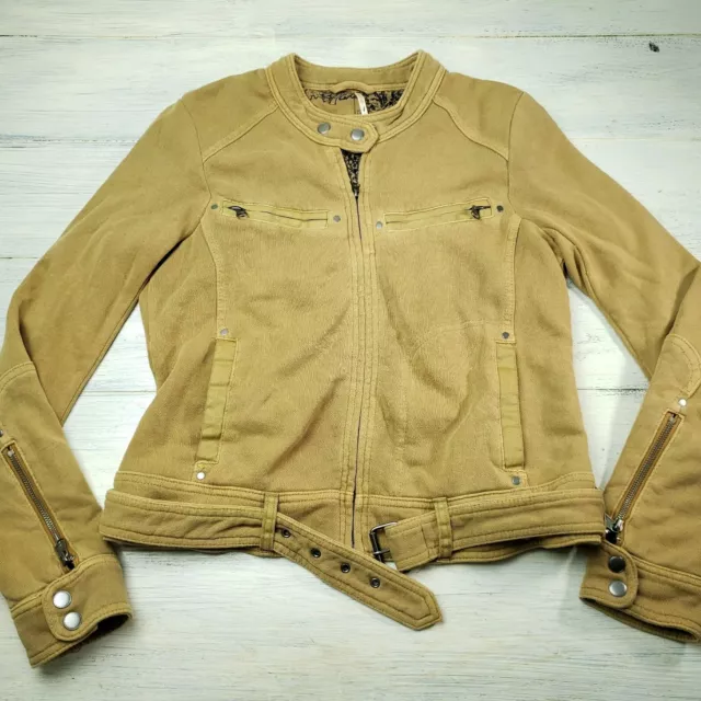 FREE PEOPLE WOMENS SizeSP Ride By Knit Jacket Cotton Belted Moto Tan 15.86 PicClick