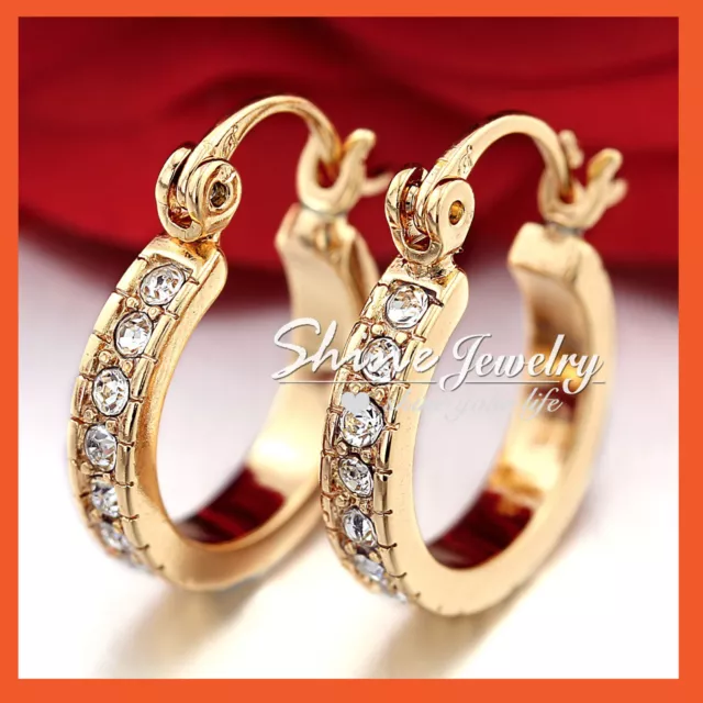 9Ct Champagne Gold Gf Crystal Band Solid Ladies Girls Hoop Sleeper Earrings Gift