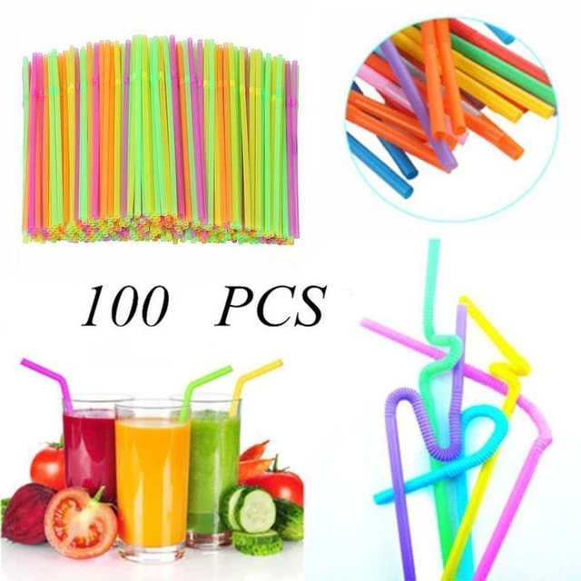 100 Neon Straws Flexible Bendy Birthday Party Plastics Drinking AU 2023 P1J4