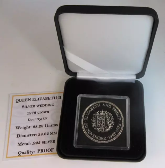 1972 Queen Elizabeth Ii Elizabeth & Philip Silver Proof Crown Coin Box & Coa