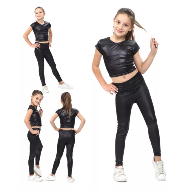Girls Wet Look Outfit Crop Top and Leggings New Metallic Black Shiny Stretch Set