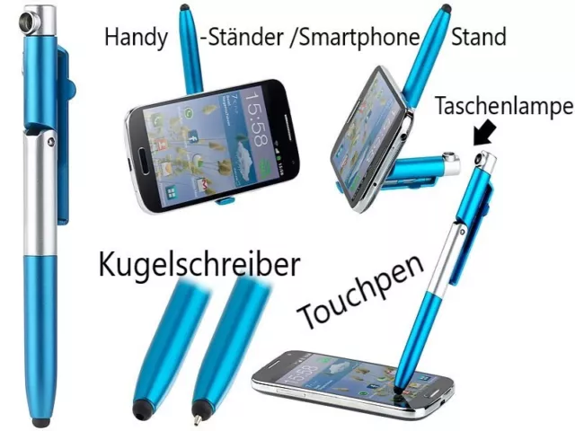 NEU 4in1 Stift Touchpen mit LED Lampe Handy Ständer für Büro Arbeit Schule Reise