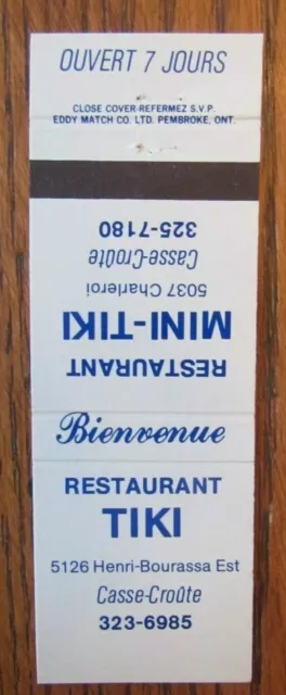 Tiki Restauran Matchbook Cover: Montreal, Quebec Empty Matchcover -E24