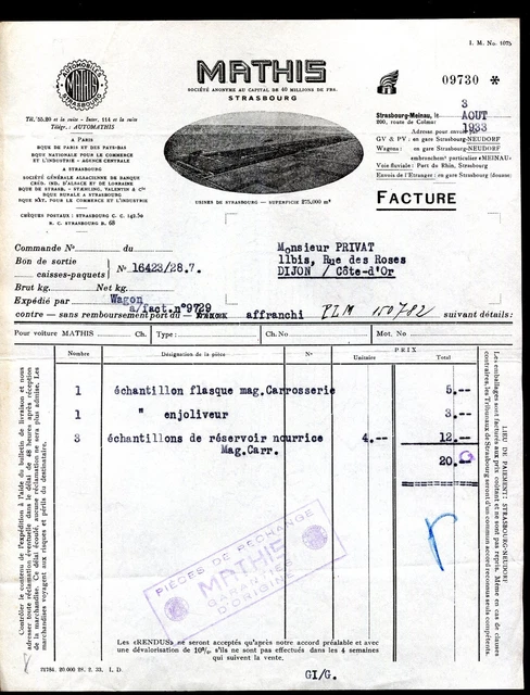 Facture Automobile Peugeot 1933 – Document Ancien – Collection – Occasion