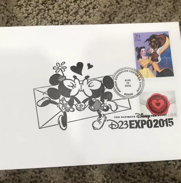 2015 D23 Expo Mickey & Minnie Envelope & Cancellation With Beauty & Beast Stamp 3