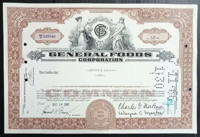 AOP USA 1960 General Foods Corporation 10 shares certificate