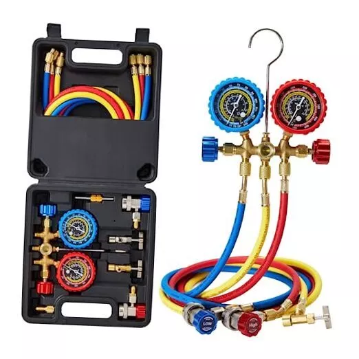 AC Gauges, HVAC Manifold Gauge Set for R134 R22 R12 R502, with Hoses Couplers