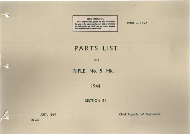 ARMY PAMPHLET PARTS LIST FOR RIFLE No5 Mk1 1944 SECTION B1 EX COND