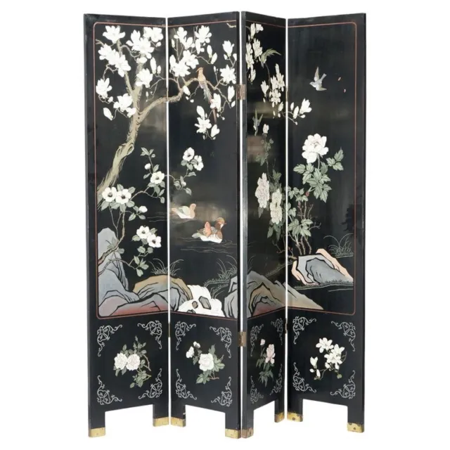 Ebonized Chinoiserie Decorated Four Panel Landscape Screen with Garden, 20th C