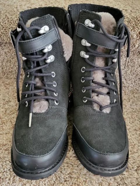 EMU Australia Waldron Mix Leather Suede Style Black Boots Merino Fur Tongue 7