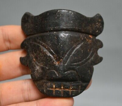 2.6" Hongshan Culture Old Jade Black Meteor Carved Sun God Head Amulet pendant