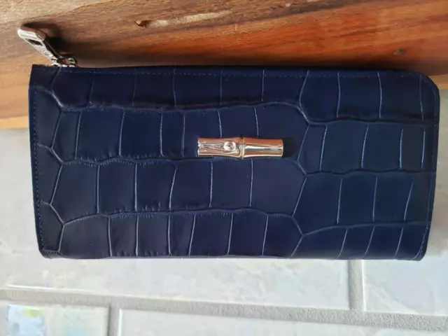 Longchamp- Roseau Style- Croco- Leather Top Zip Wallet- Navy- NIB