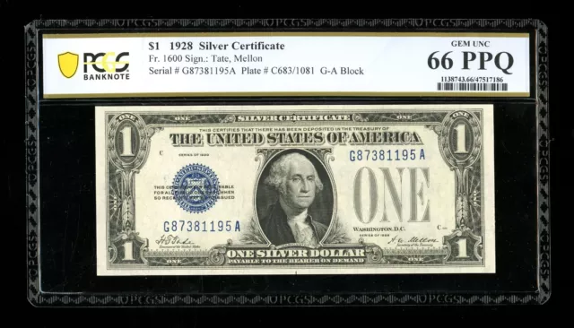 DBR 1928 $1 Silver Gem Fr. 1600 GA Block PCGS-B 66 PPQ Serial G87381195A
