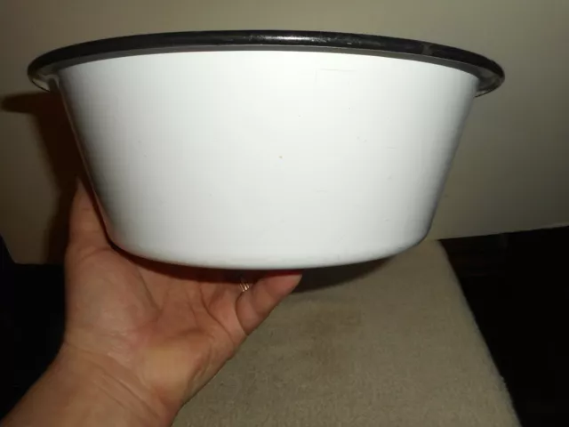 Porcelain ENAMEL Bowl Large 1950's White Black Trim Chipped Rusted Enamelware