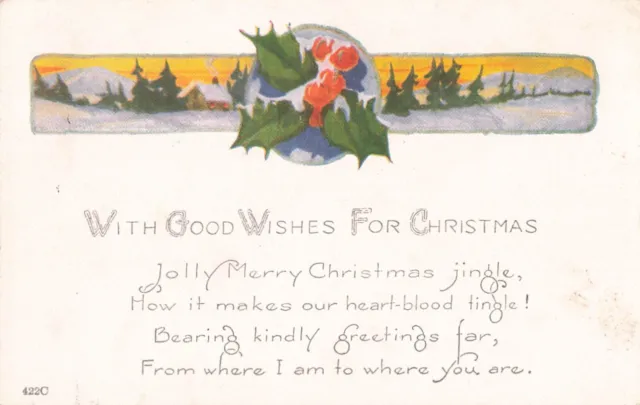 Postcard With Good Wishes For Christmas Holly Scene Poem 422C VTG VPC03.