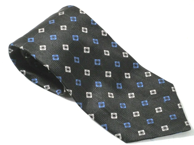 Croft & Barrow 100% Silk Necktie Black Blue Silver Geometric Tie 58 x 4