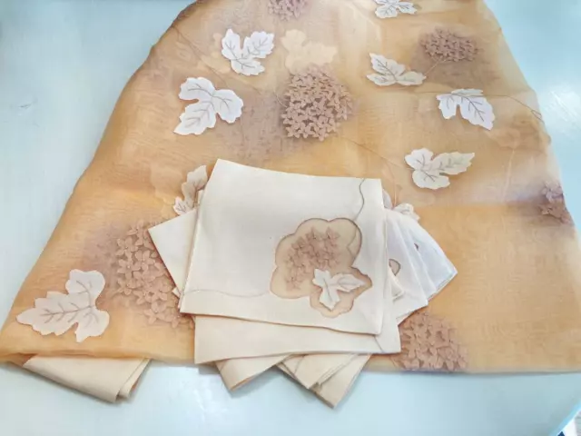 NOS Madeira Organdy Hydrangea PEACH Tablecloth & 6 Napkins, 43X43